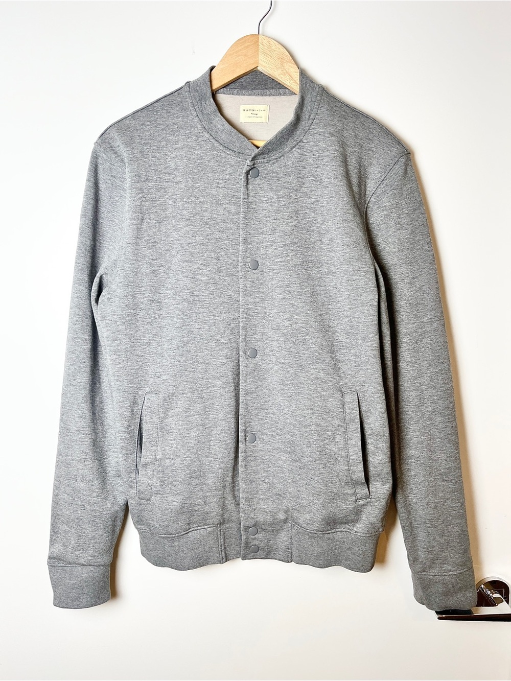 Selected Homme Shhmason Gray Snap‑Front Varsity Bomber Sweat Jacket – Medium
